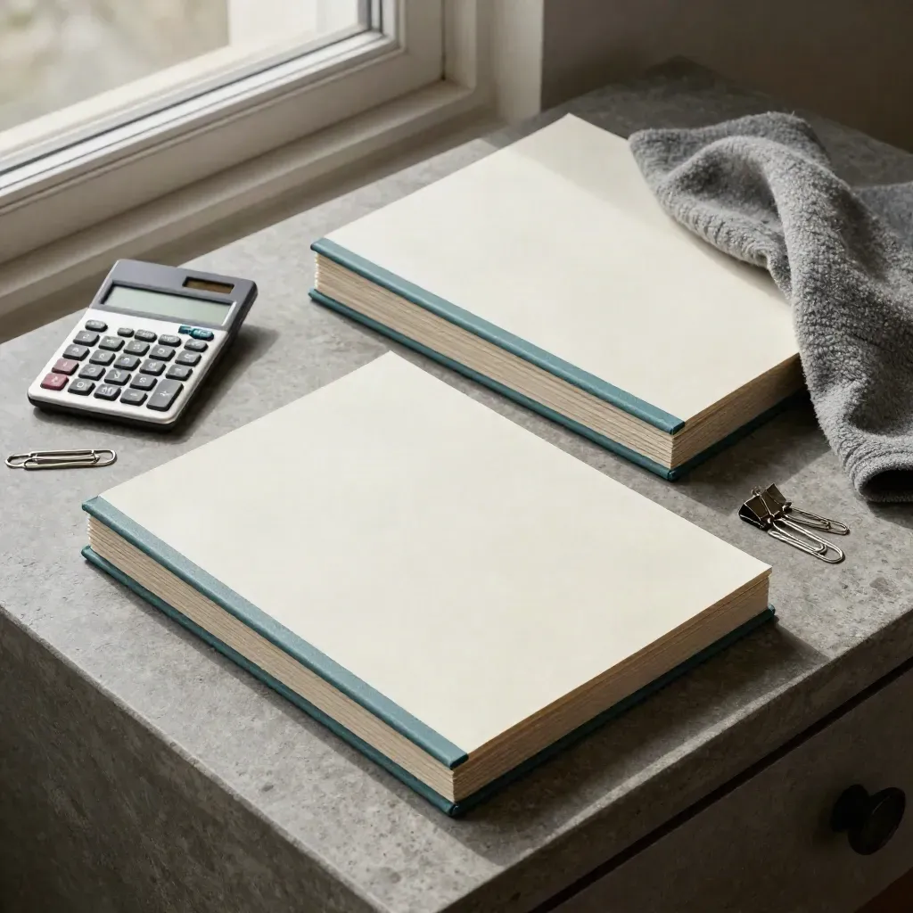 Twee offerte-dossiers, rekenmachine en paperclips op een stenen bureau met teal accenten.