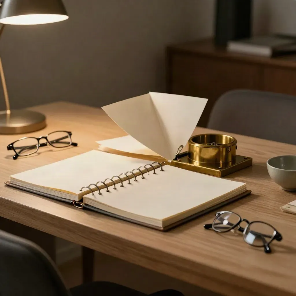 Open ringband met scheidingsvellen, een brass paperweight en een bril op een lichte houten tafel.