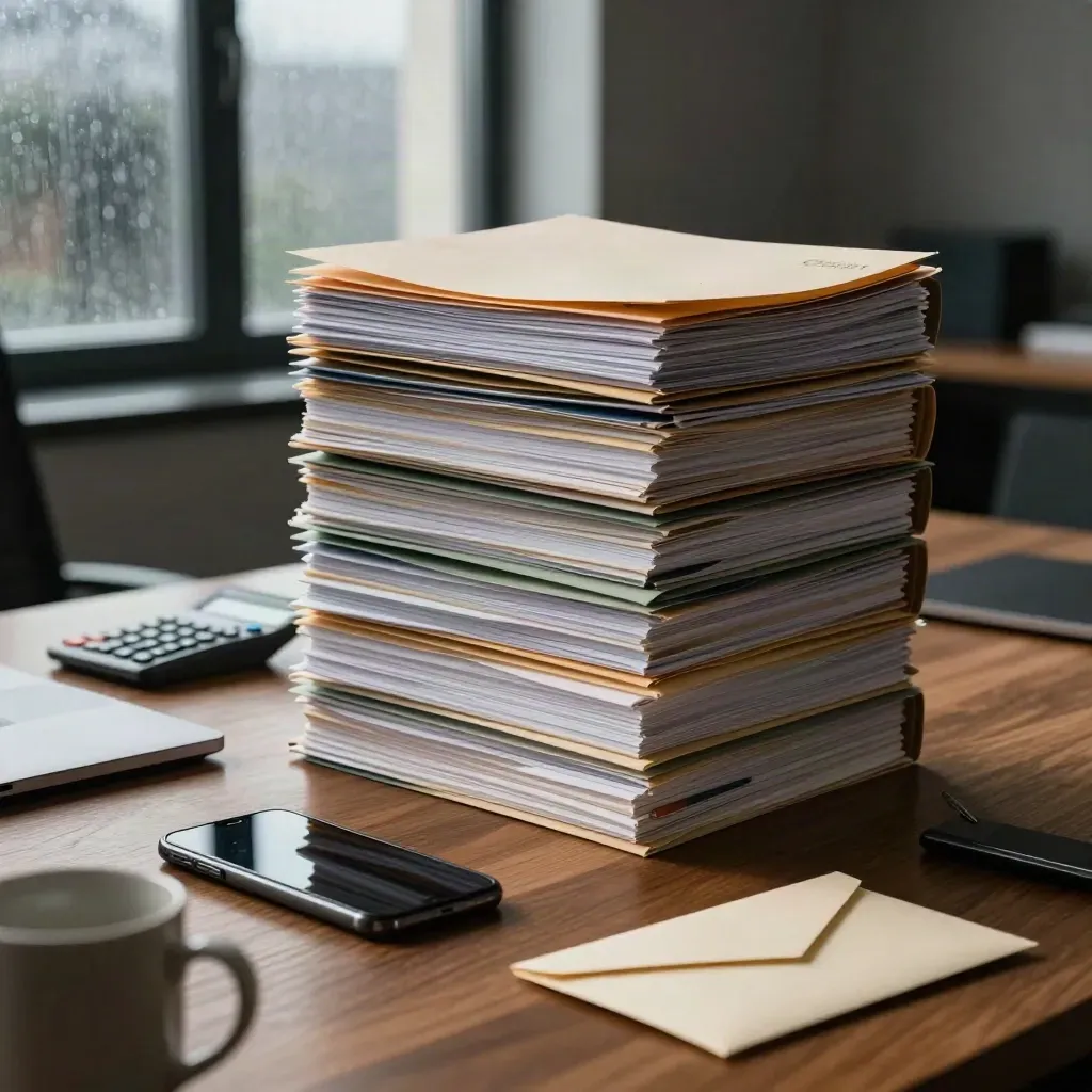 Vergadertafel met dossiermappen, laptop, telefoon en mok in regenachtig schemerlicht