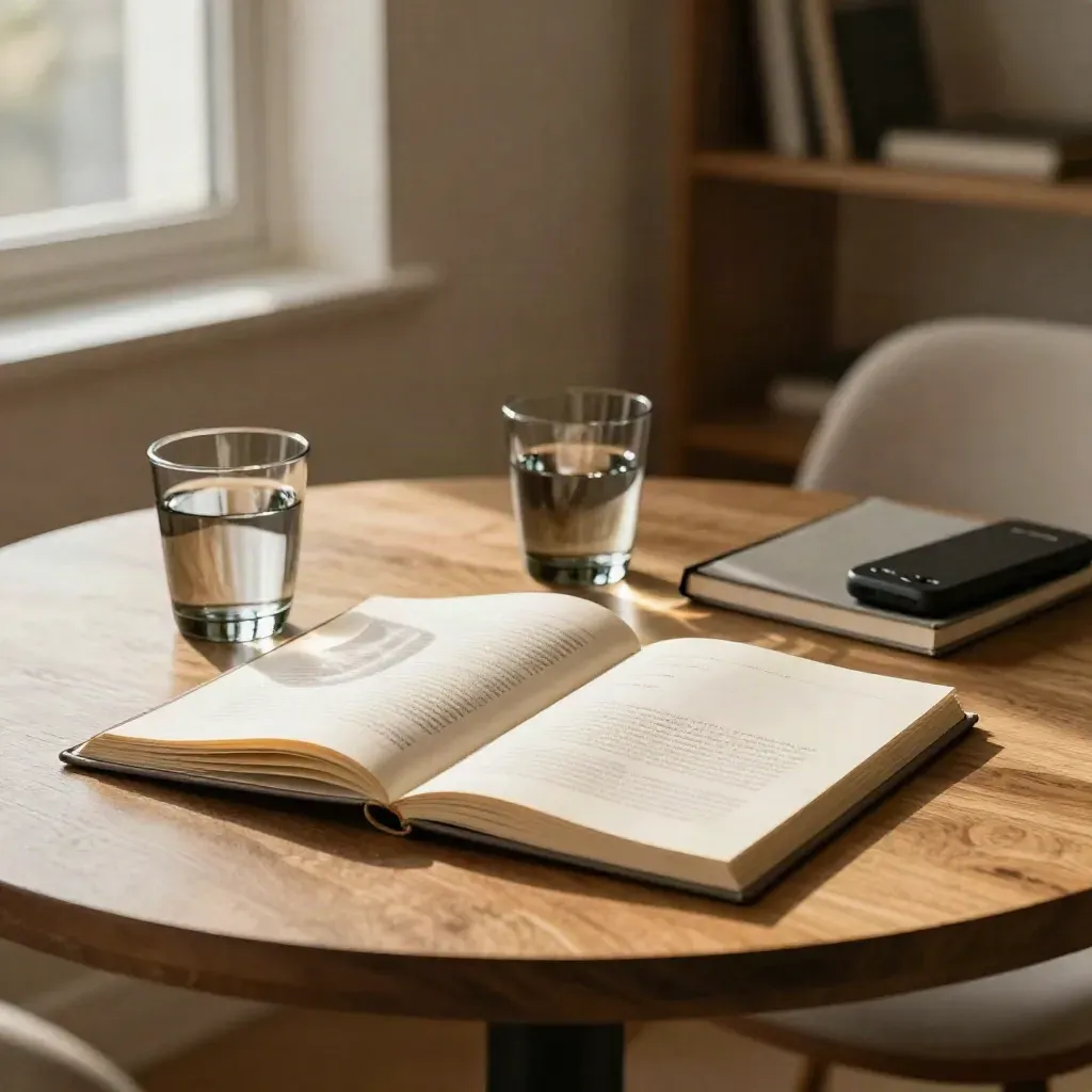 Ronde advies-tafel met open dossier, waterglazen, notitieboek en telefoon in een zonnige spreekkamer.