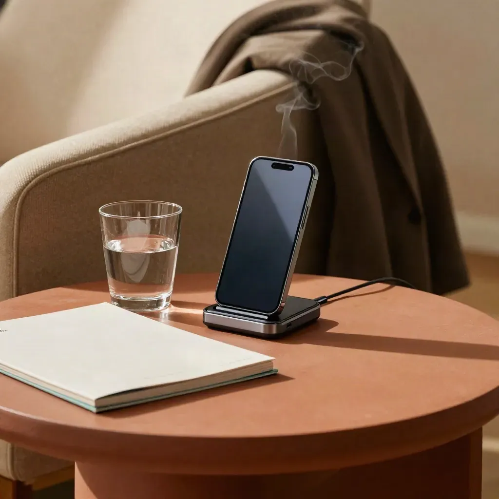 Telefoon op lader naast glas, dossier en jas over stoelrug in warme adviesruimte.