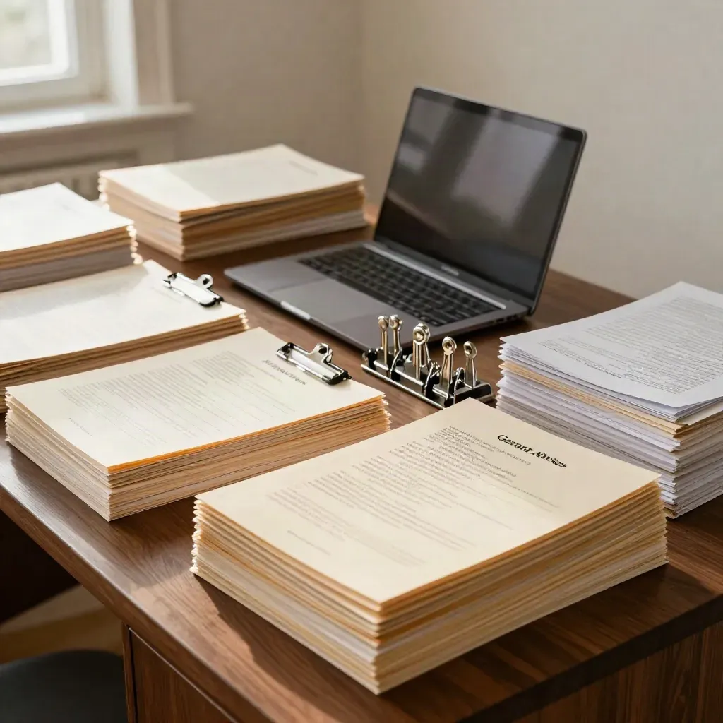 Bovenaanzicht van offertebundels, gesloten laptop en stalen clips op een walnoothouten bureau.