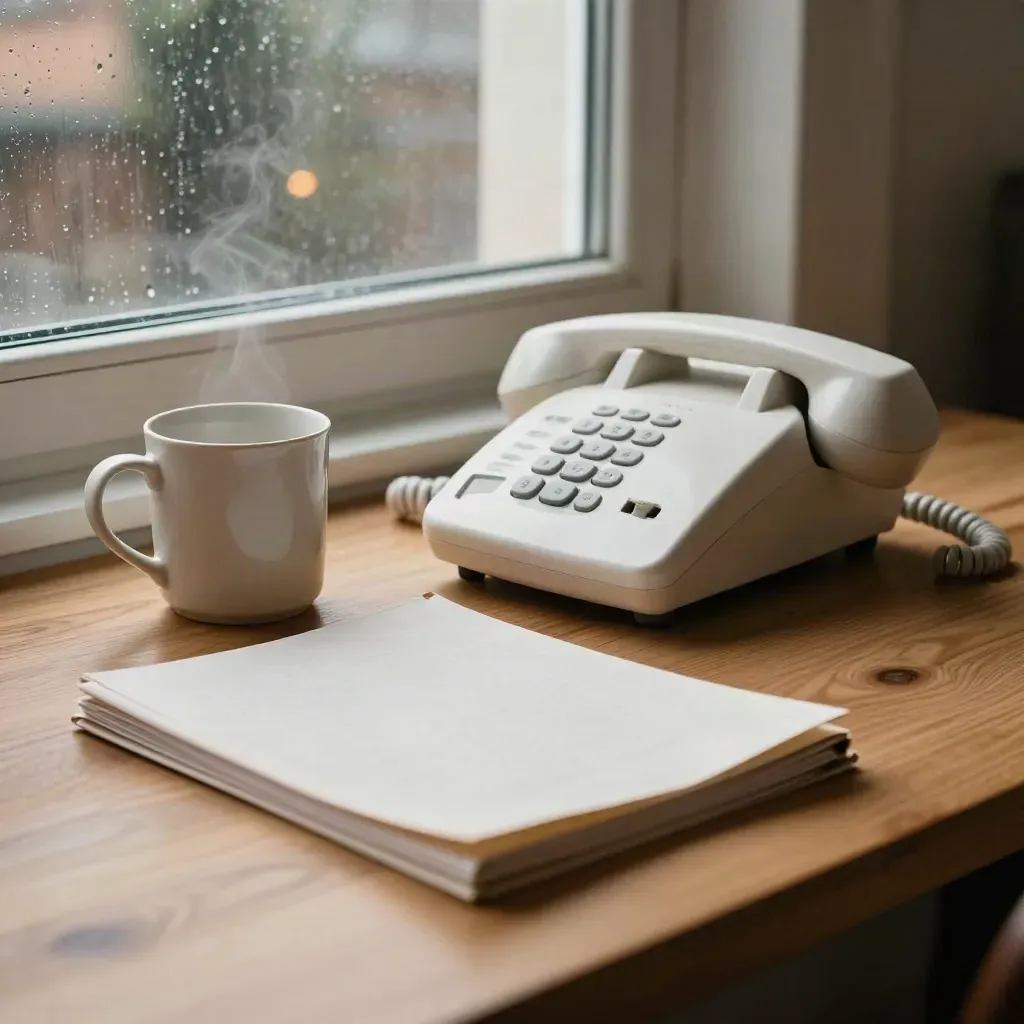 Telefoon, mok en dossier bij het raam met regenmist voor een vervolgafspraak.
