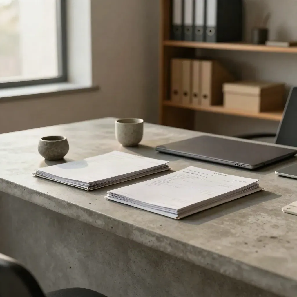 Compacte werktray met factuursleeves, gesloten laptop en stenen beker in zacht laatdaglicht.