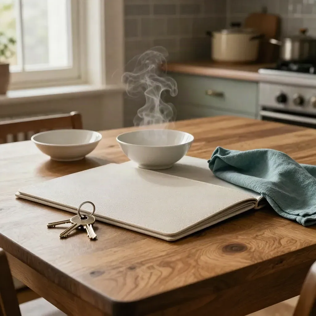 Gezinstafel met map, dampende lunchkom, sleutels en teal doek in een keuken