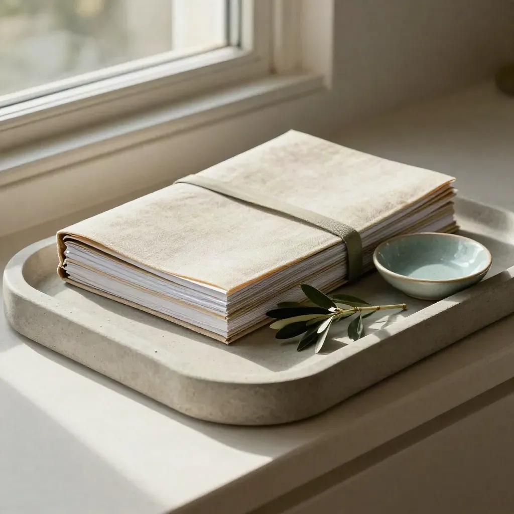 Tray met factuursleeves, gesloten notitieboek en groen takje op zachte pleisterondergrond.